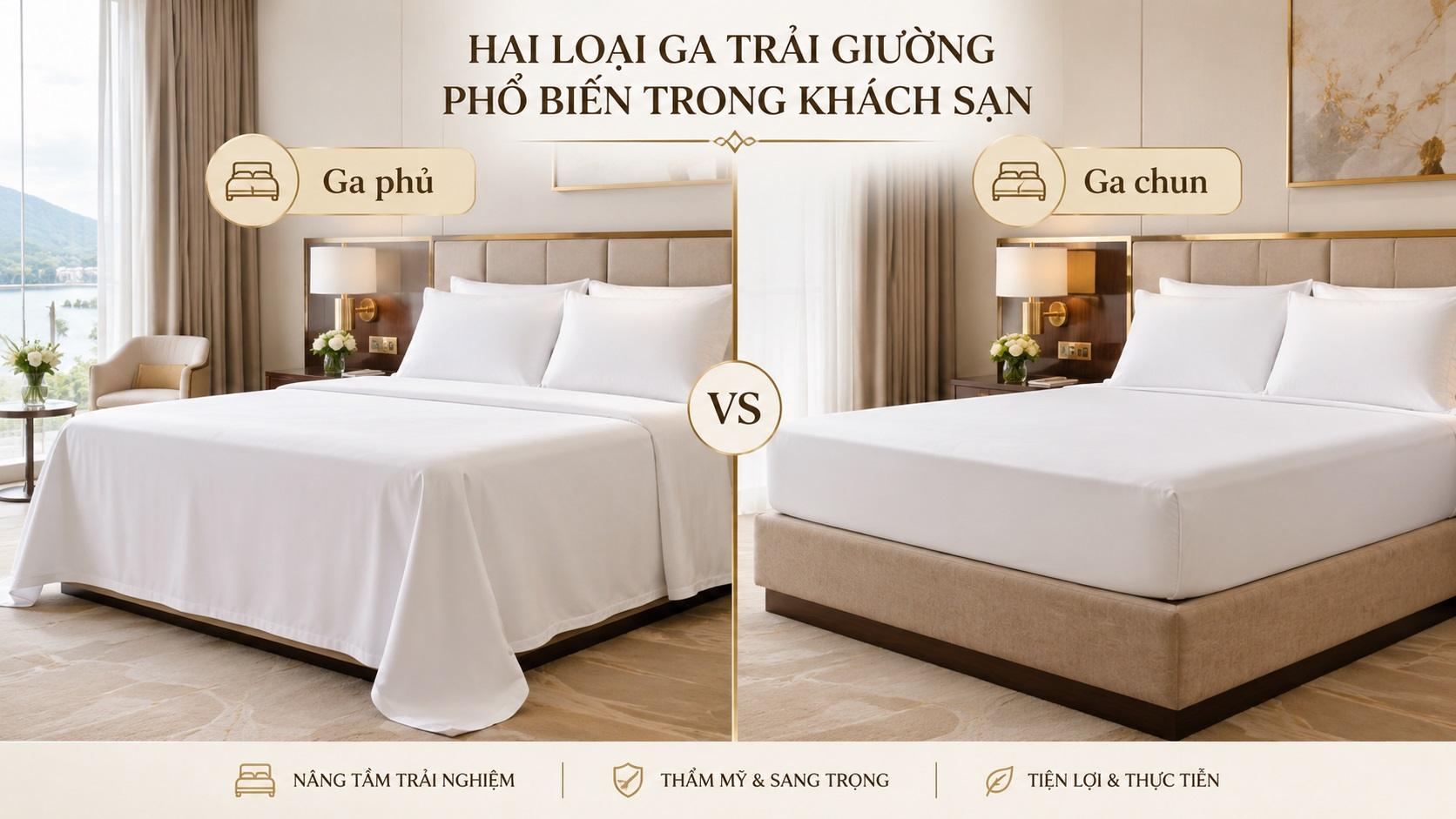 Trải ga bọc và ga phủ khi setup giường khách sạn