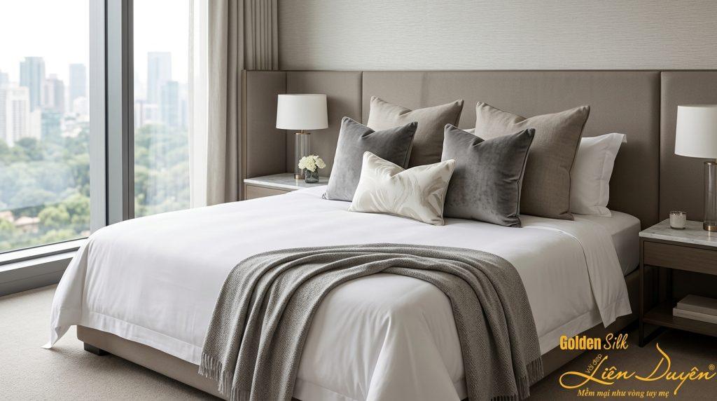 Bộ gối trang trí phối theo quy tắc 2-2-1 trên giường King size