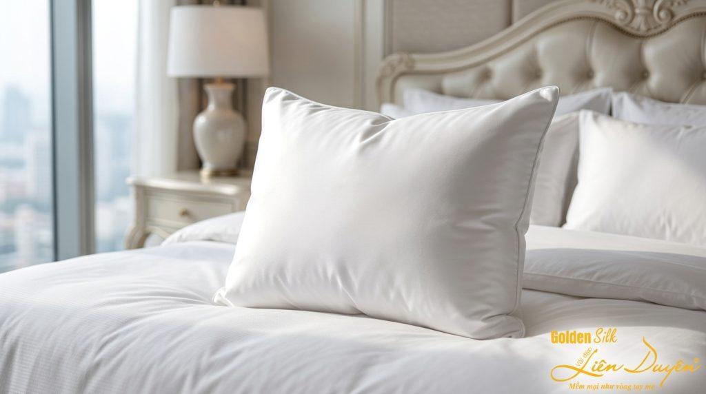 Gối Microfiber trắng với vỏ cotton sateen bóng mịn