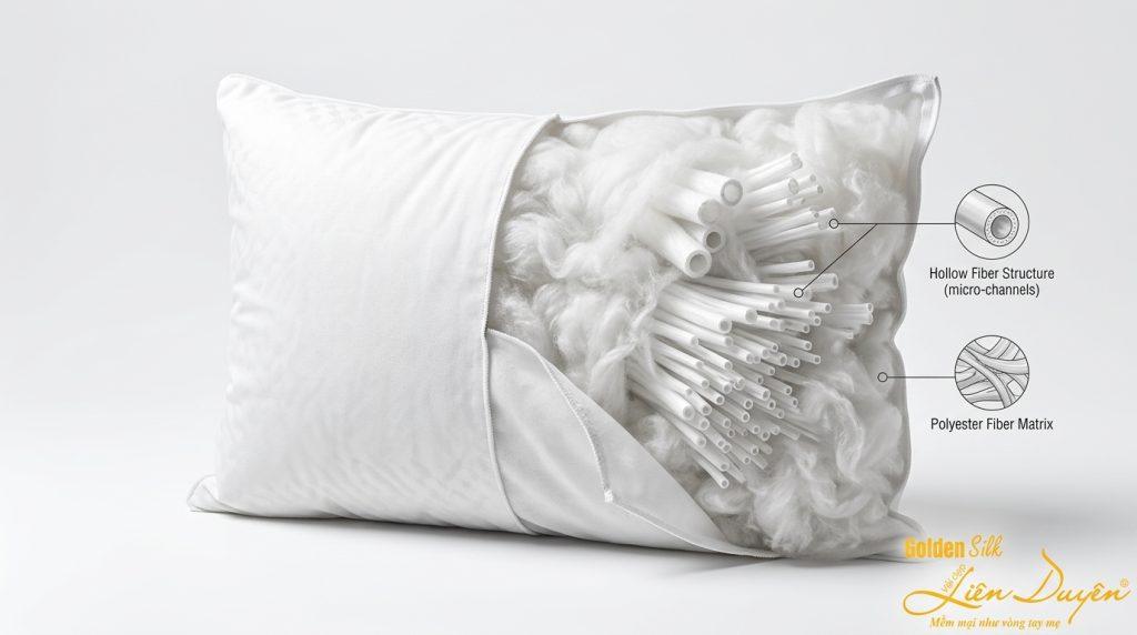 Gối bông gòn Polyester Hollow Fiber cắt ngang thấy cấu trúc sợi