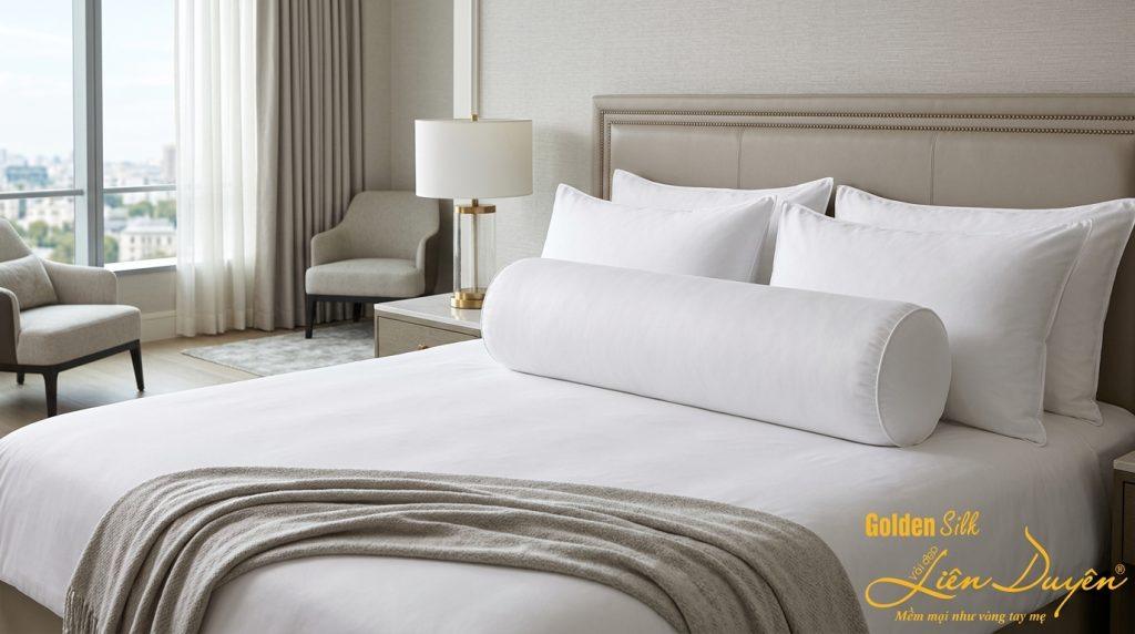 Gối ôm trắng dài đặt cạnh gối nằm trên giường Queen