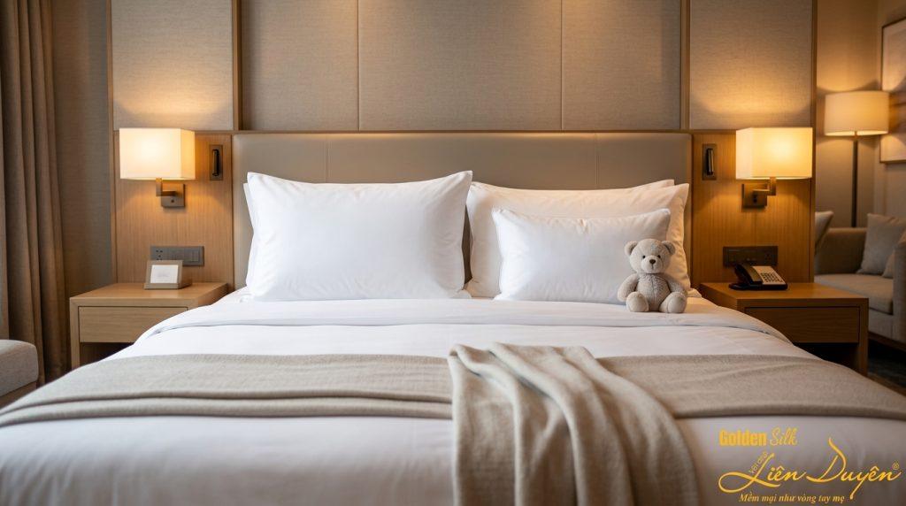 Gối trẻ em nhỏ đặt cạnh gối người lớn trên giường phụ trong phòng Family Suite