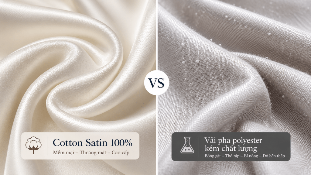 So sánh cận cảnh chất liệu vải cotton satin 100% và vải pha polyester kém chất lượng