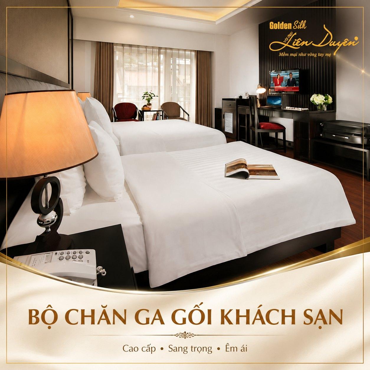 Váy giường khách sạn may theo chiều cao thực tế của đế giường